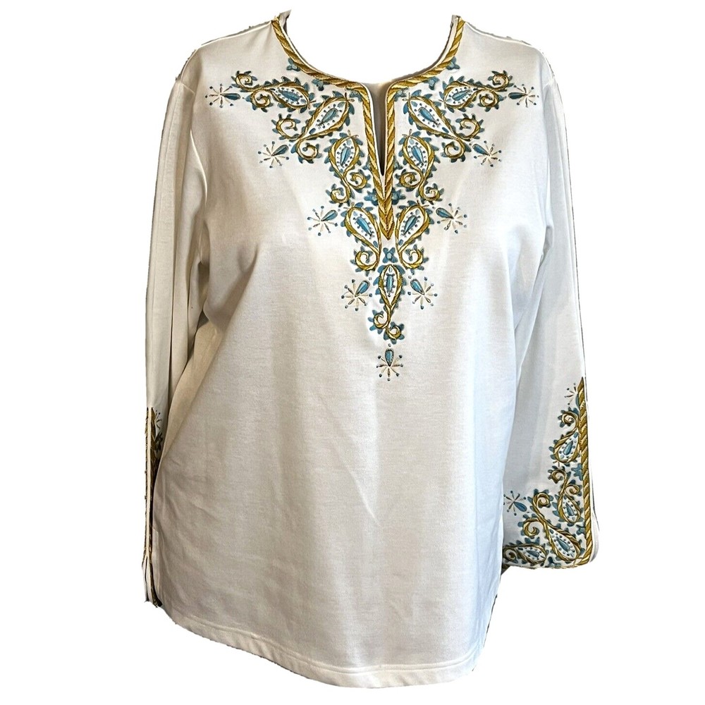 Bob Mackie Womens Top Wearable Art Off White Turquoise Metallic Embroidery XL